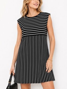 Silence + Noise | Black White Striped Shift Mini Dress - Size L